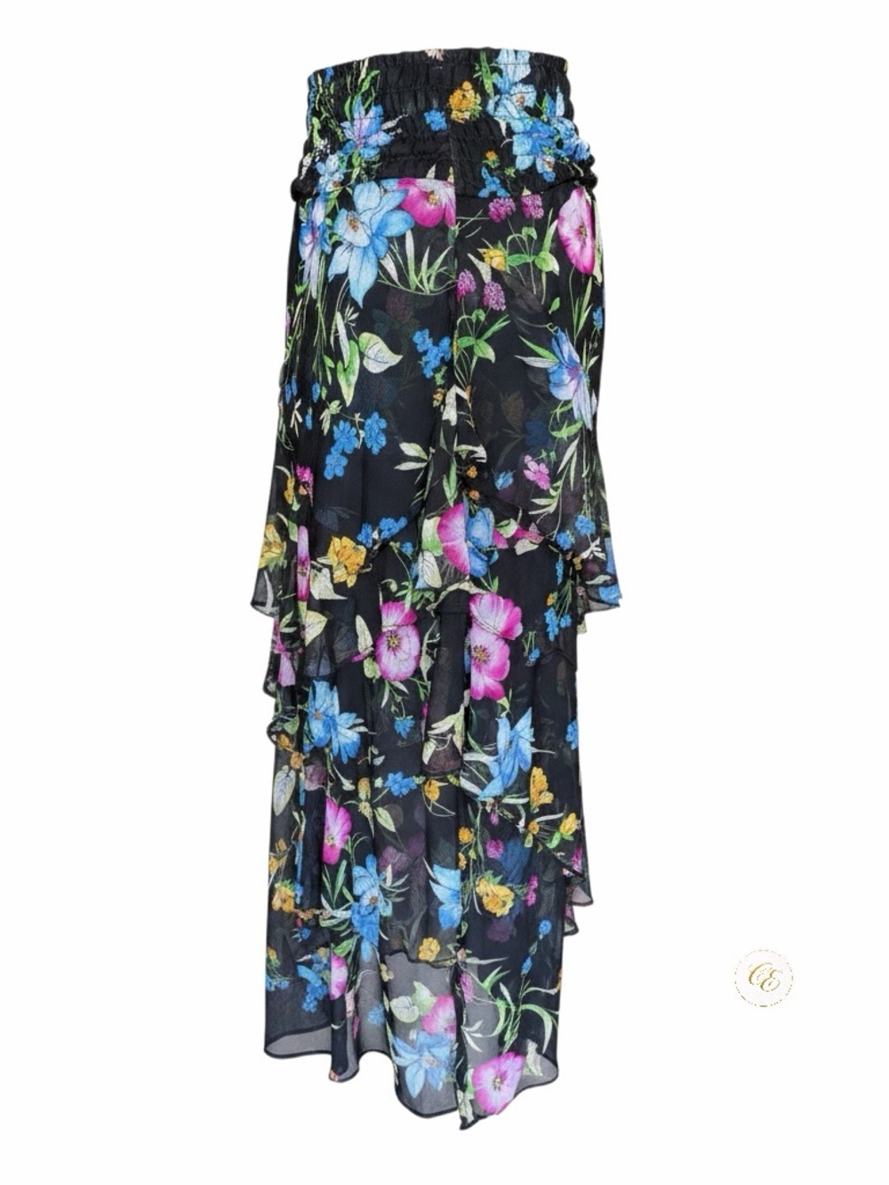 MISA Black Floral High-Low Ruffle Skirt | Silk Chiffon Tiered | Size S - Picture 3 of 8